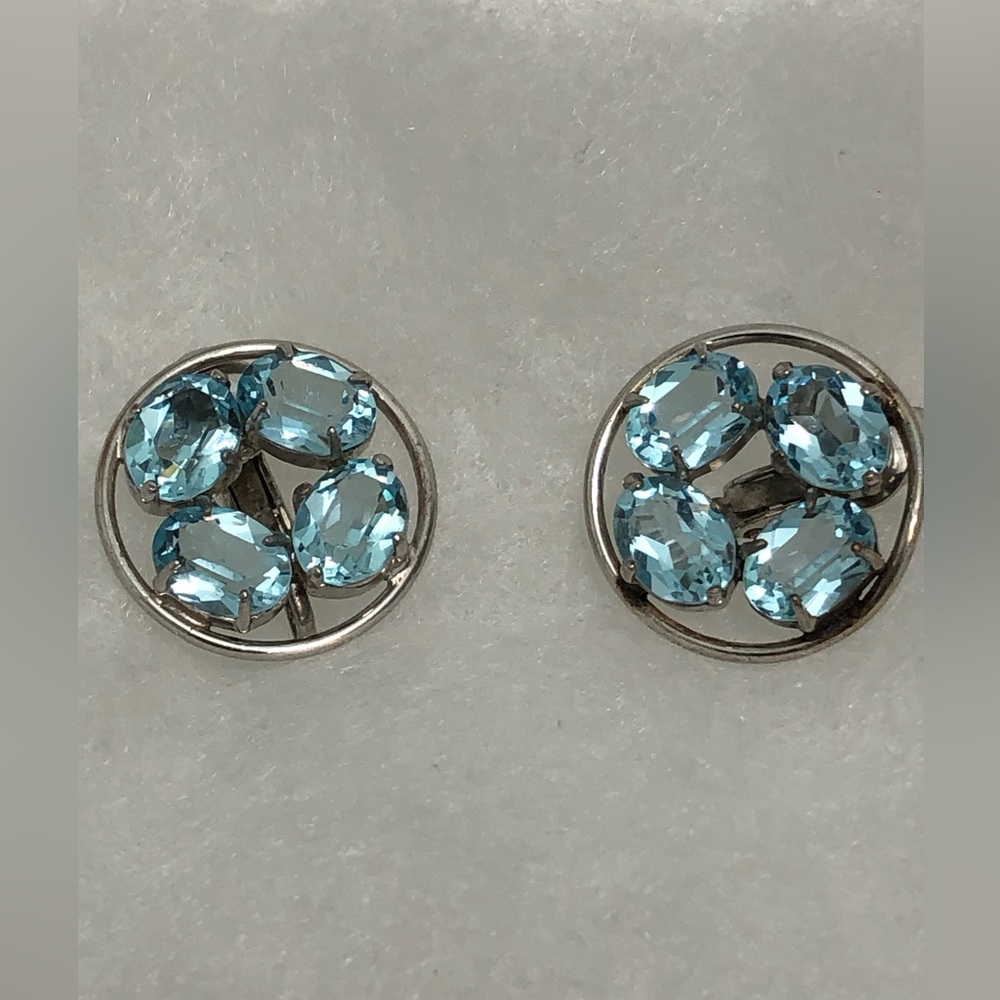EARRINGS  Marked  Sterling / Tone Aqua Blue Rhinestone Clip Back  Vintage